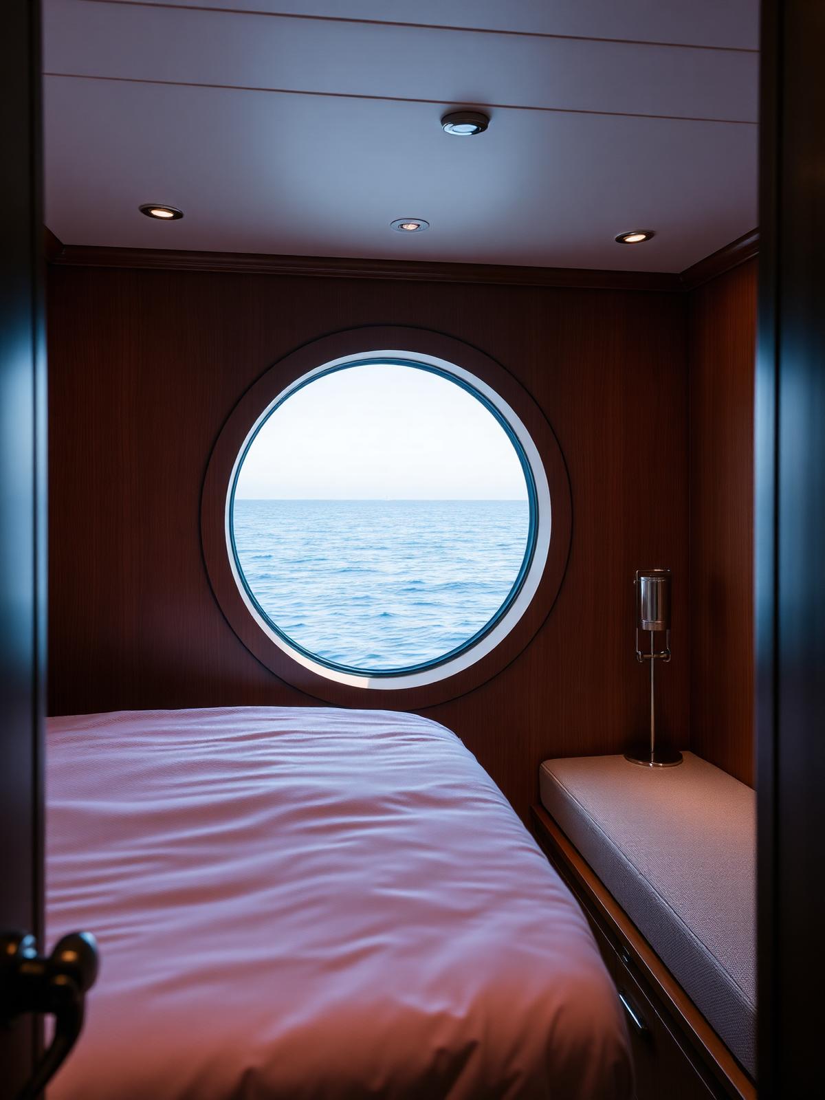 Luxury liveaboard cabin with porthole onto the ocean